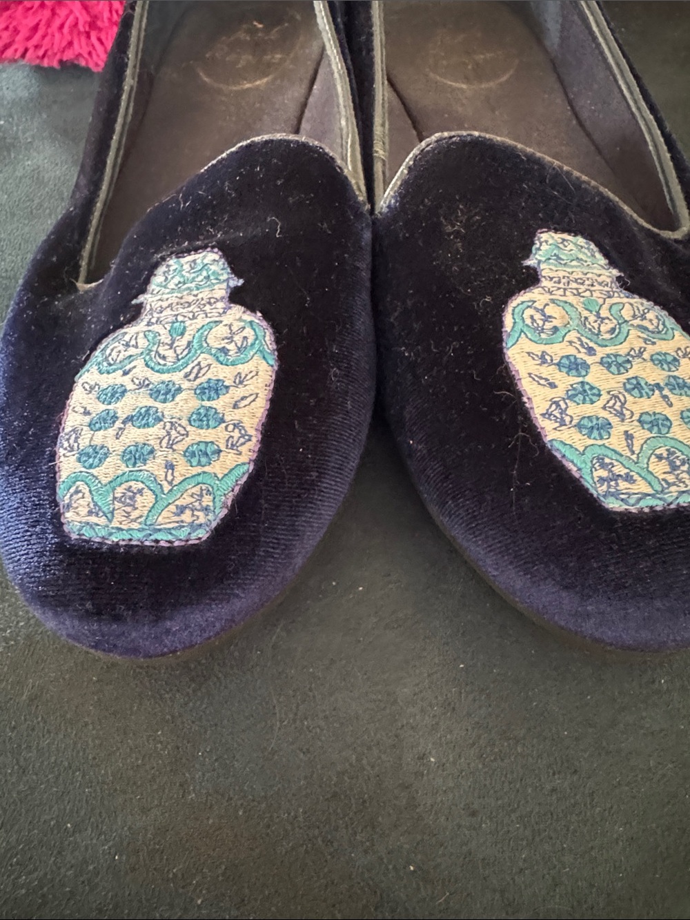 Jack Rogers Navy Velvet Loafers with Embroidered Vase Motif - Picture 4 of 6